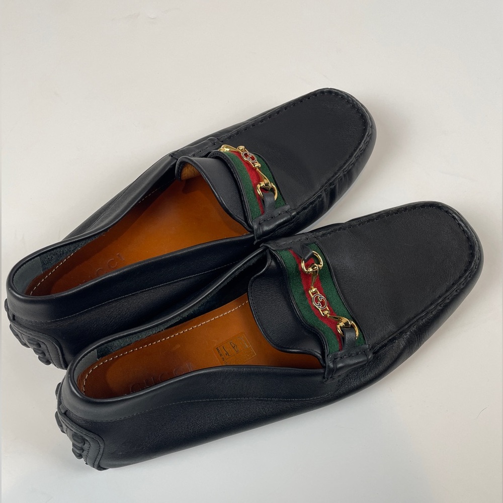 GUCCI Black Leather Driving Loafer Flat LOGO Horsebit Green Red Stripe MENS 11 - Picture 7 of 13